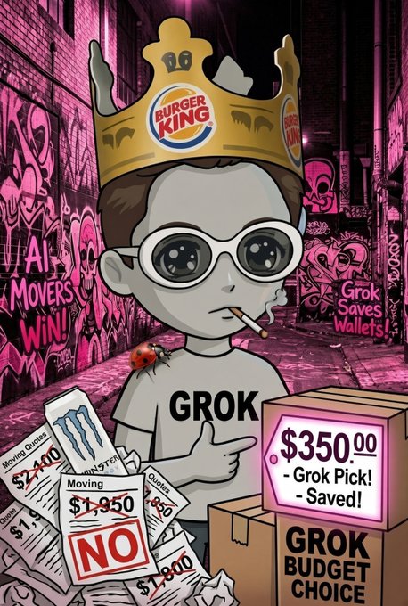 A cartoon illustration of a character wearing a Burger King crown and a "GROK" shirt, surrounded by moving quotes, boxes labeled "GROK BUDGET CHOICE" showing $350.00 saved, and graffiti reading "AI MOVERS WIN!" and "Grok Saves Wallets!".
