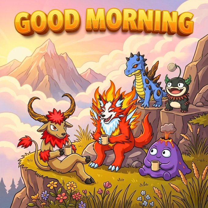 A colorful illustration titled 'GOOD MORNING' in large yellow letters depicts various fantasy creatures, including a blue dragon, a fire fox, and other monsters, relaxing together and enjoying drinks in a mountainous landscape.