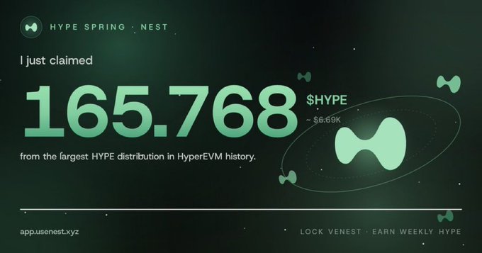 A promotional graphic from 'HYPE SPRING · NEST' announcing 'I just claimed 165.768 $HYPE from the largest HYPE distribution in HyperEVM history,' with the website app.usenest.xyz displayed.