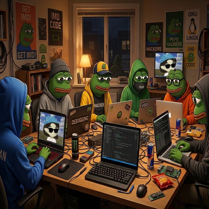 An illustration of several anthropomorphic Pepe the Frog characters dressed as hackers and developers working on laptops around a cluttered table, with posters reading 'GET IMD!', 'IMD CODE', and 'GNU LINUX' on the walls.