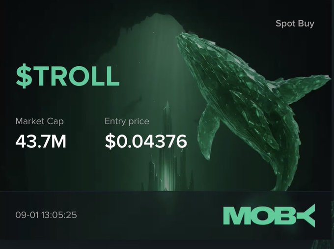 A promotional graphic for the cryptocurrency $TROLL displays a market cap of 43.7M and an entry price of $0.04376, featuring a large whale illustration with the text "Spot Buy" and "MOB" branding, dated 09-01 at 13:05:25. The image serves as a buy signal alert for the "DCA $TROLL Tuesday" call to action in the post.