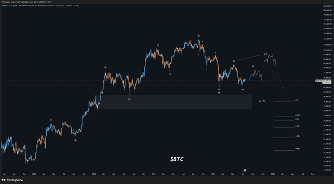 A TradingView chart titled "$BTC" displays Bitcoin's price action with candlesticks, technical annotations, and horizontal Fibonacci retracement levels on the right side, illustrating the macro setup referenced in the post about a Bitcoin options trade.