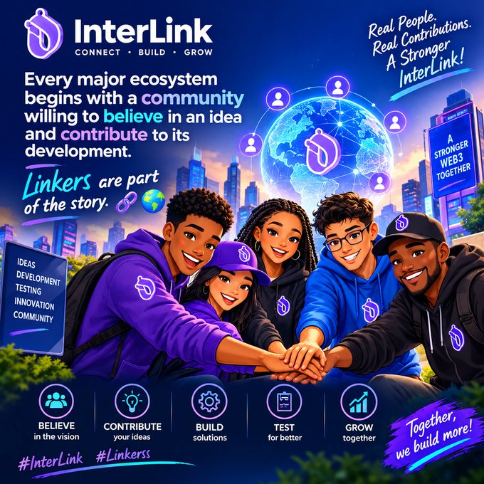 A promotional graphic for "InterLink" featuring cartoon characters, with text "Real People. Real Contributions. A Stronger InterLink!" and pillars "BELIEVE, CONTRIBUTE, BUILD, TEST, GROW" along with hashtags #InterLink and #Linkers.