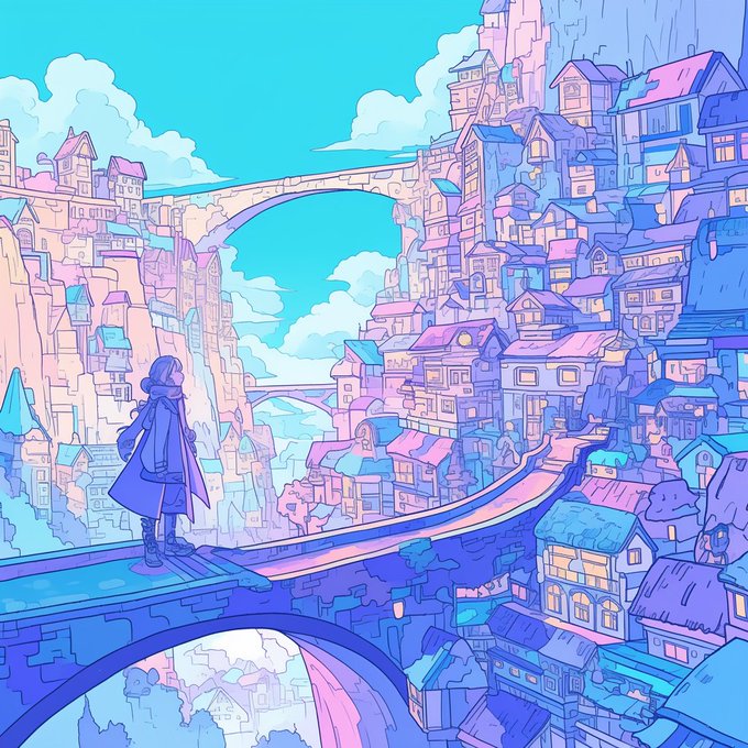 A vibrant anime-style illustration featuring a hooded figure with blue hair standing on a stone bridge, overlooking a colorful fantasy cityscape with pastel-colored houses built into cliffs and multiple arched bridges connecting different levels.