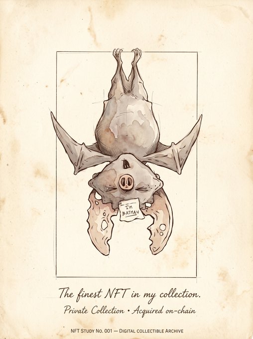 An illustrated NFT-style artwork titled 'NFT Study No. 001 — Digital Collectible Archive' features an upside-down creature labeled 'I'M BATMAN,' with text reading 'The finest NFT in my collection. Private Collection • Acquired on-chain.'