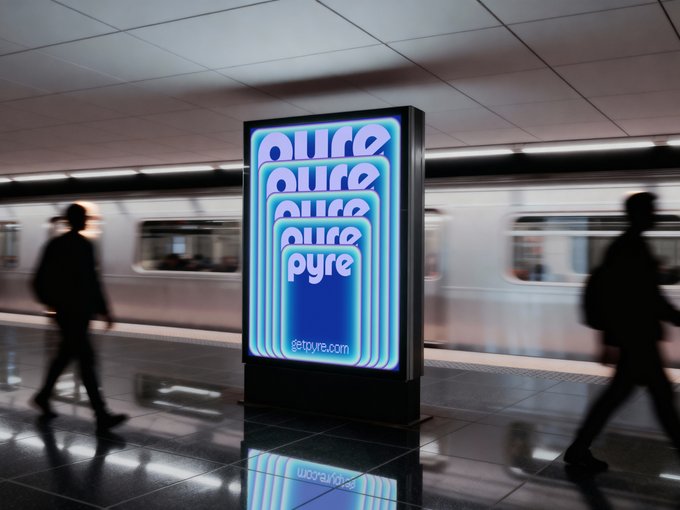 An illuminated digital billboard in a subway station displays the word 'pyre' repeated with a colorful wave distortion effect, with 'getpyre.com' at the bottom, as a blurred train passes in the background.