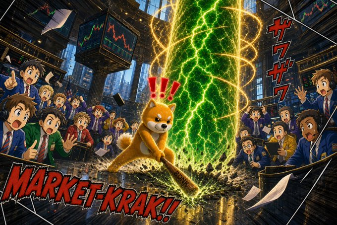 A dramatic anime-style illustration captioned 'MARKET-KRAK!!' showing a Shiba Inu dog wielding a bat amid a glowing green energy vortex, surrounded by shocked businessmen in a stock trading environment.