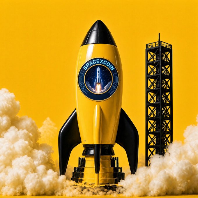 A yellow toy-style rocket labeled "SPACEXCOIN" with a rocket logo sits in front of a launch tower surrounded by white smoke against a bright yellow background.