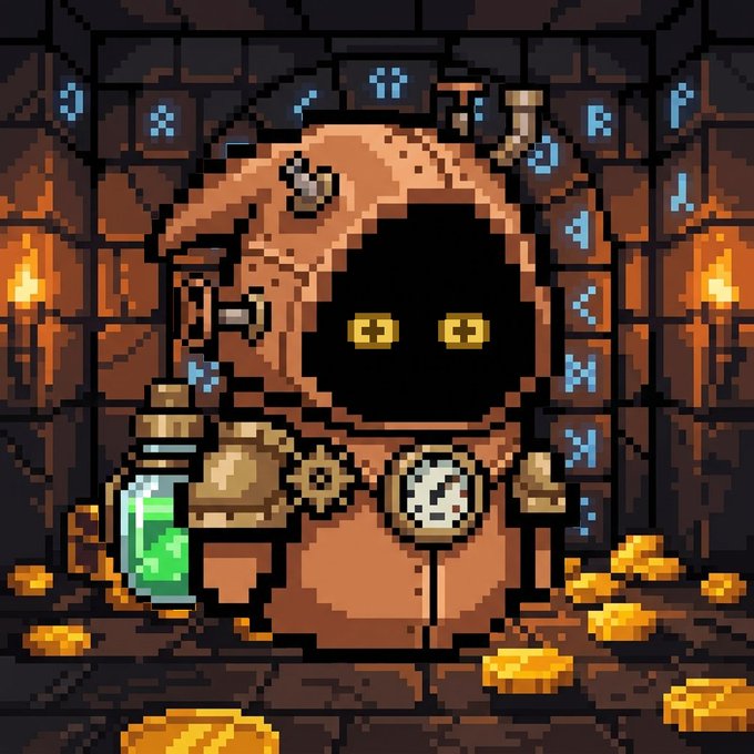 Pixel art depicting a brown hooded figure with glowing yellow eyes holding a flask of green liquid, standing in a dungeon-like setting with gold coins and runic symbols on stone walls.
