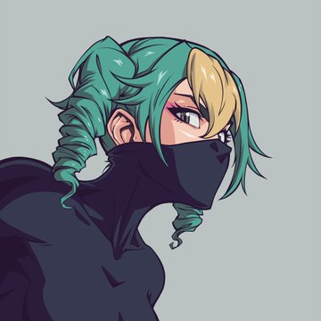 An anime-style illustration of a character with green and blonde hair wearing a black face mask and dark hooded jacket.