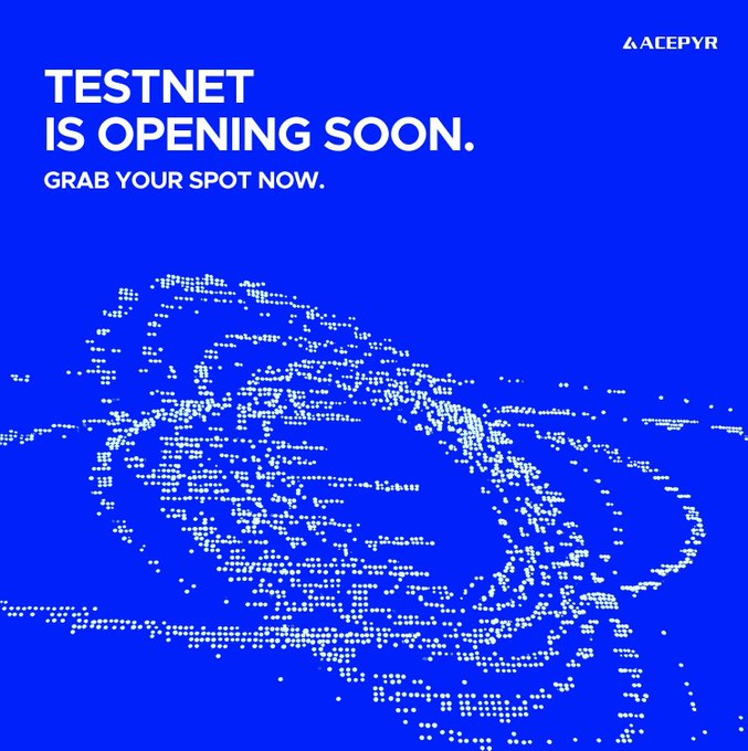 The image features a blue background with white dots scattered throughout, creating an abstract pattern that resembles a galaxy or a cluster of stars. The text "Testnet Is Opening Soon" is written above this pattern, indicating that the testnet is about to launch soon. Below the pattern, there's a small white circle containing the words "Grab Your Spot Now". This phrase suggests that users should immediately start participating in the testnet to take advantage of its benefits and rewards.