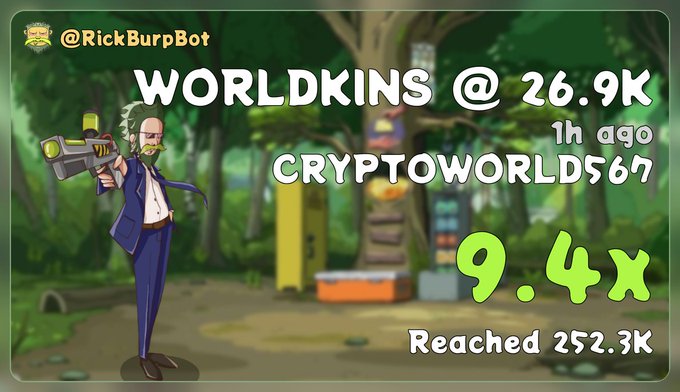 The image shows a cartoon illustration of an older man holding a gun, standing next to a tree in front of some buildings. The man has a beard and is dressed formally in a suit with ties. A banner with a text that reads "WORLDKINS" and "WORLDKINS @ 26.9k @ Cryptoworlds5667 #memecoin #solana #Degen", featuring the characters "RICKBURBOT" at the top, appears to be placed against a forest backdrop or similar setting. The image may be used in an online post about cryptocurrency and WorldKings, with a humorous twist as the man is depicted using his old-fashioned gun for protection.