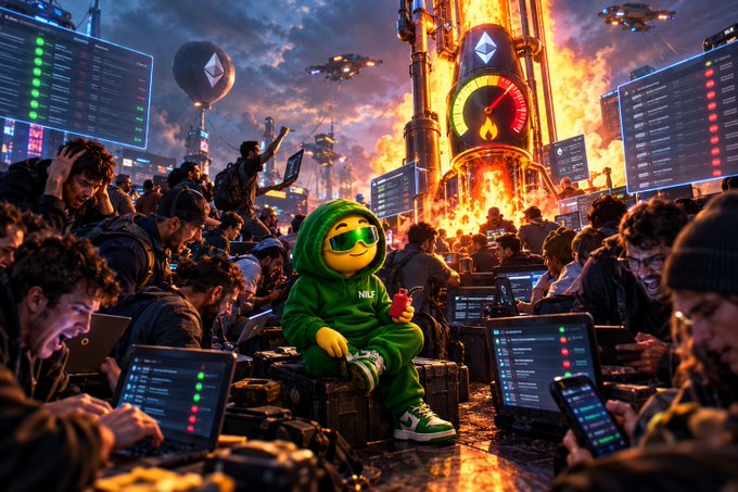 A chaotic, fiery digital illustration depicts a character in a green hoodie and sunglasses sitting calmly on a crate amid a panicked crowd with laptops, set against burning screens and floating Eth/Ethereum symbols.
