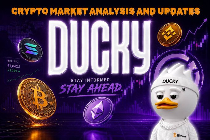A promotional banner for 'DUCKY - Crypto Market Analysis and Updates' with the tagline 'STAY INFORMED. STAY AHEAD.' featuring cryptocurrency coins (Bitcoin, Solana, Ethereum, Binance), a price ticker showing BTC/USDT at 67,842.1 (+2.35%), and a duck mascot wearing a 'DUCKY' beanie.