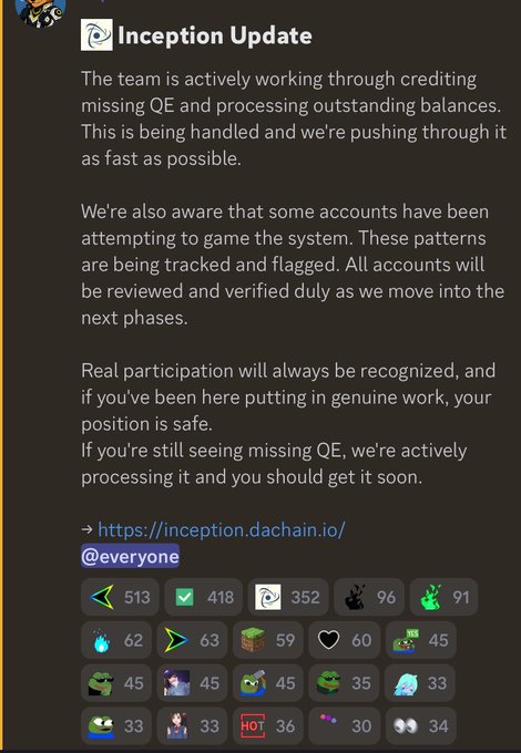 A Discord announcement from 'Inception Update' about crediting missing QE and processing balances, linked to inception.dachain.io.