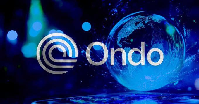 The image displays the Ondo logo, featuring a stylized white circular emblem alongside the word "ondo," set against a vivid blue cosmic backdrop with a glowing Earth globe. The design visually reinforces the post's message about Ondo Network's new execution layer for onchain financial markets, with the globe symbolizing the global, borderless scope of the platform's financial infrastructure.