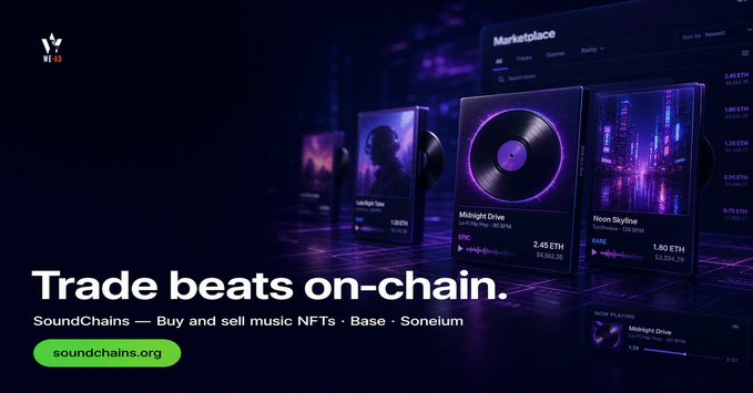 A promotional banner for SoundChains with the tagline 'Trade beats on-chain,' showing a music NFT marketplace interface with tracks like 'Midnight Drive' and 'Neon Skyline' listed at prices like 2.45 ETH and 1.50 ETH.