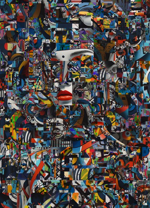 An abstract digital artwork composed of fragmented, glitch-like squares in vibrant blues, reds, yellows, and blacks, creating a chaotic mosaic pattern with mechanical and organic forms.
