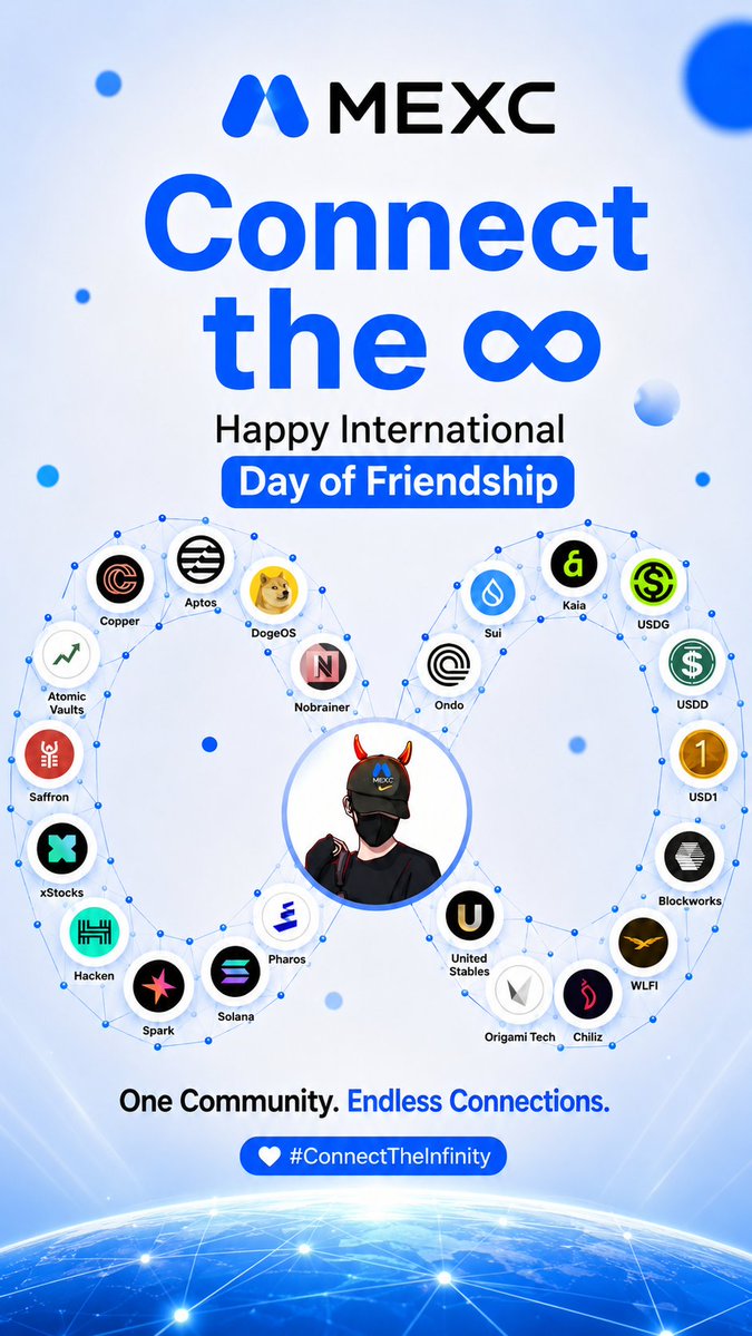 A promotional graphic for MEXC exchange titled 'Connect the ∞' celebrating the International Day of Friendship, featuring a heart-shaped web of cryptocurrency logos around a masked mascot, with the tagline 'One Community. Endless Connections.' and hashtag '#ConnectTheInfinity'.