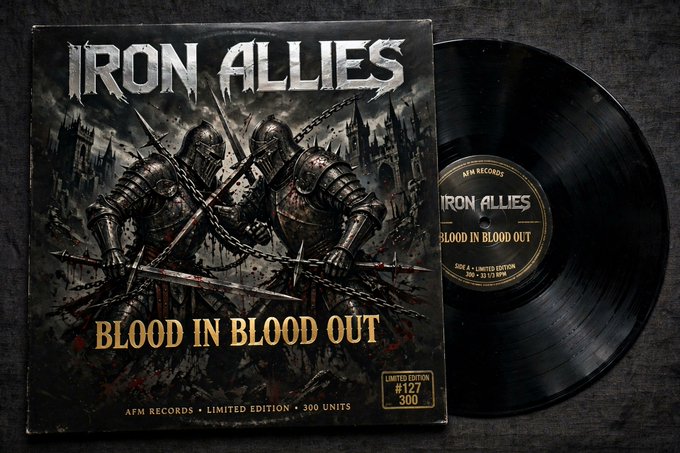 A limited edition vinyl record by Iron Allies titled "Blood In Blood Out" (AFM Records, #127/300) displays two armored knights with crossed swords in a dark, medieval scene, serving as branding imagery for the Iron Allies crypto community that emphasizes long-term participation and reputation over short-term hype.