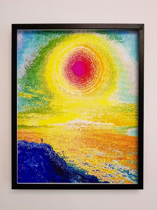 A vibrant, framed artwork titled "Beyond" by @photonisdead depicting a radiant sun with a pink core above a colorful seascape, displayed as a token of appreciation for the collectors and digital art supporters mentioned in the post.