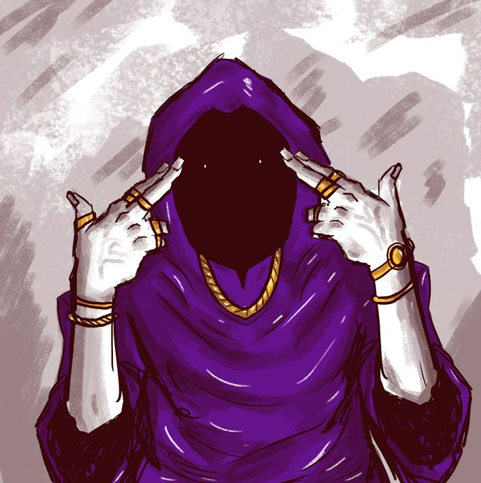 A digital illustration of a faceless figure wearing a purple hooded cloak, a gold chain, and white gloves with gold rings, making a gesture near their hood.