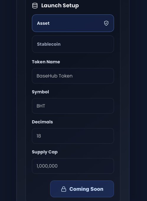 The image shows a "Launch Setup" interface for creating a token on what appears to be BaseHub (B20), with fields for Asset type (Stablecoin), Token Name (BaseHub Token), Symbol (BHT), Decimals (18), and Supply Cap (1,000,000), with a "Coming Soon" button. This visually demonstrates the B20 token launch process described in the post, showing how users can easily create and configure their own tokens similar to Pump.fun on Solana.
