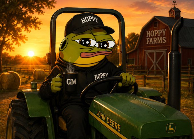 A Pepe the Frog character wearing a 'HOPPY' cap and 'HOPPY' hoodie sits on a green John Deere tractor holding a 'GM' mug, with a 'HOPPY FARMS' barn in the background at sunset.