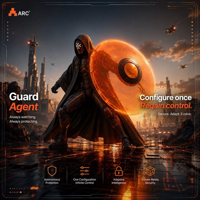 A futuristic cyberpunk-style promotional image for 'ARC Guard Agent' showing a hooded figure with a glowing orange shield, featuring tagline 'Configure once. Regain control.' and security feature icons.