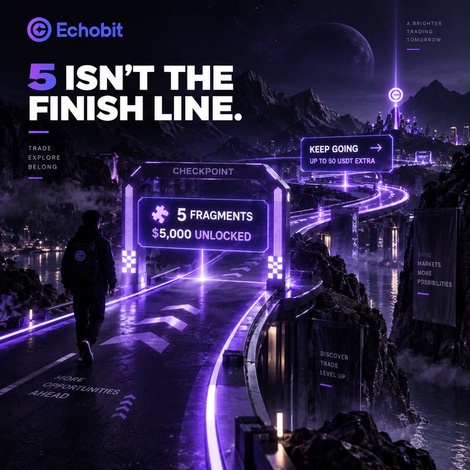 A futuristic neon-lit advertisement for 'Echobit' features a person walking on a glowing path towards a 'CHECKPOINT' sign indicating '5 FRAGMENTS $5,000 UNLOCKED', with the headline '5 ISN'T THE FINISH LINE.'