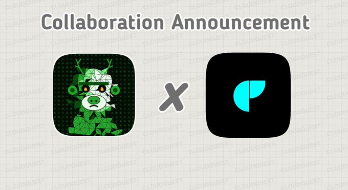A "Collaboration Announcement" graphic featuring the WizardX logo (a green monkey character) alongside an "X" symbol and another app icon, promoting Cloud Quest's upcoming mint of 2,500 animated artworks on Ethereum via OpenSea on August 18.