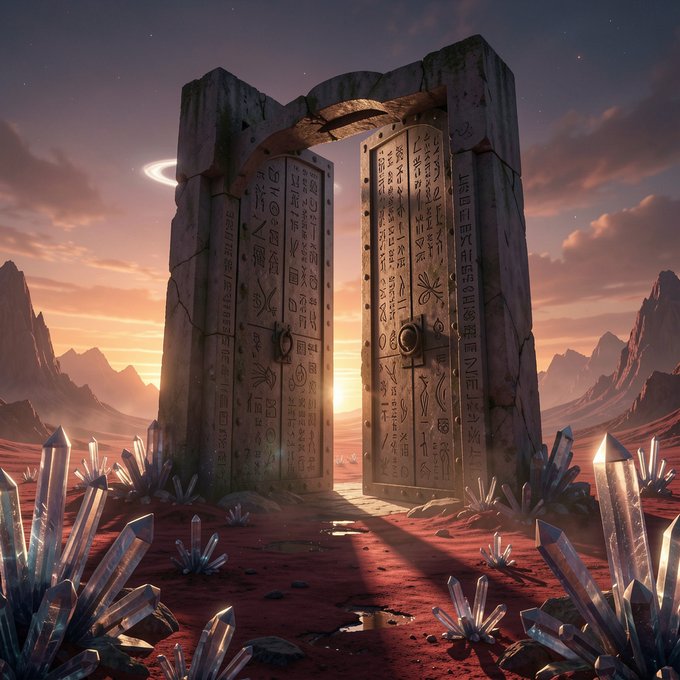 A digital artwork portrays massive, ancient stone doors covered in mystical symbols, standing open in a red desert landscape with glowing crystals and a sunset sky.