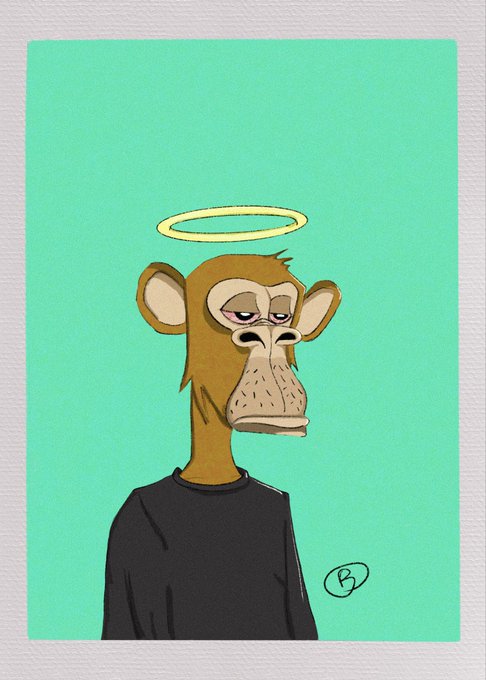 An illustrated monkey with a yellow halo and tired-looking eyes wears a black shirt against a mint green background, with the artist's signature "B" in the corner. The "gn" (good night) caption and the serene halo suggest a sleepy, angelic monkey bidding goodnight in the typical crypto community style.