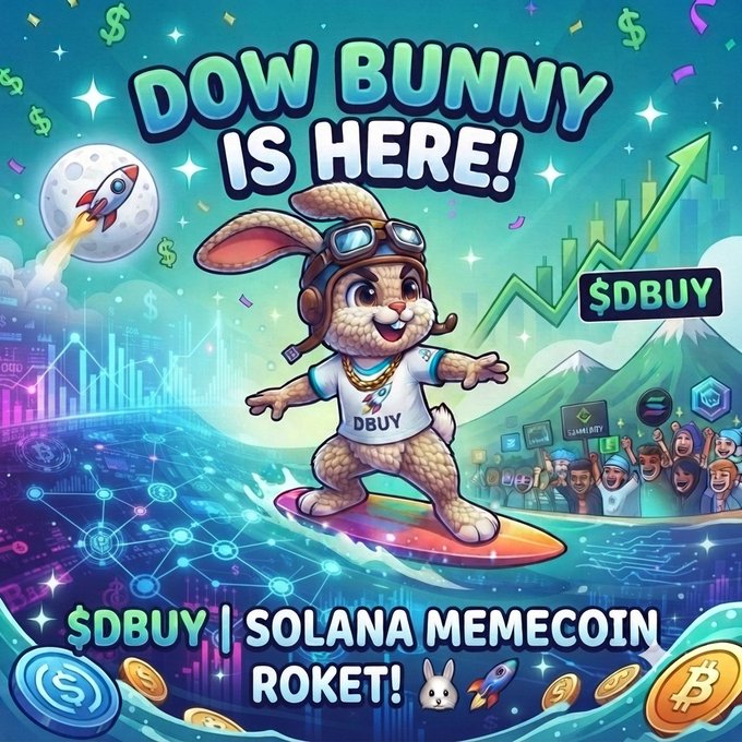 A colorful cartoon-style promotional graphic for the '$DBUY' Solana memecoin featuring an aviator-goggled bunny character surfing, with the text 'DOW BUNNY IS HERE!' and '$DBUY | SOLANA MEMECOIN ROKET!'.