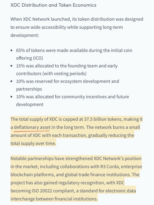 An infographic detailing $XDC token economics, noting a 65% ICO allocation, 15% to founders/advisors, and 10% each for ecosystem and community, with a capped supply of 37.5 billion tokens and a deflationary burn mechanism, highlighting its ISO 20022 compliance and partnerships with R3 Corda and trade finance institutions.
