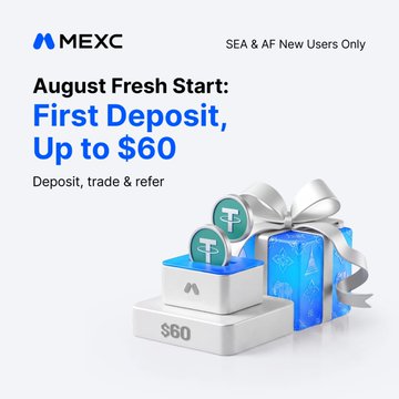 The image promotes MEXC's "August Fresh Start" promotion for new users in Southeast Asia (SEA) and Africa, offering up to $60 in rewards for depositing, trading, and referring friends. It visually features a gift box with $60 and coin tokens to emphasize the promotional bonus, aligning with the post's details about the tiered rewards structure running from Aug 18 to Sep 6.