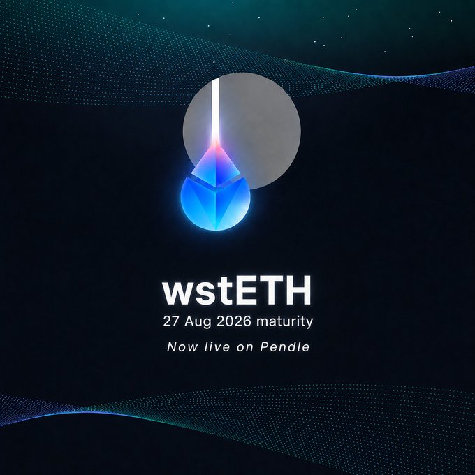 A dark promotional graphic features a glowing blue droplet emerging from a gray moon, with text reading "wstETH, 27 Aug 2026 maturity, Now live on Pendle." The image visually represents the announcement of Lido's wrapped staked ETH yield-trading product now being available on the Pendle platform with that specific maturity date.