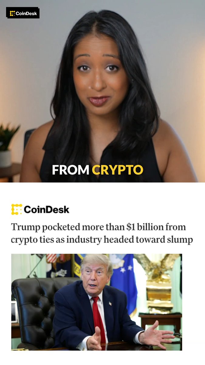 This CoinDesk graphic features a reporter speaking about Donald Trump's crypto earnings, with a headline stating "Trump pocketed more than $1 billion from crypto ties." The image visually complements the text by showing the subject of the article.