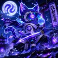 The image features an illustration of a cat with a sword, surrounded by purple lights that create a mysterious atmosphere. The caption below the image reads "Starting a new challenge: staking 0.5 $INJ every day. Long-term conviction. Day 1 #Injective #INJ". This suggests that there is a game or challenge related to the cat and its sword, where players need to stake money into the game in order to progress through it. The image seems to be promoting this game by showing off the cat's abilities with the sword while also encouraging people to participate in the challenge.