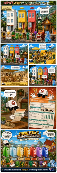 The image is a comic strip titled "COSMETIC GUIDED ROUTE V2: TOUR BL2," depicting characters visiting a colorful town of houses to collect resources and craft "Light" ornaments, priced at R$ 90,100. It promotes the "CosmeStH2 Roof Top Ornament Collection" and mentions collaboration with Swarovski, which ties into the post about creating special ornaments in Upland.me.