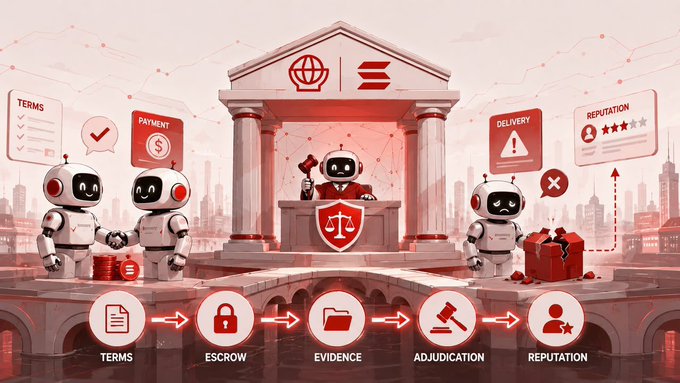 The image depicts an illustrated "Court of Internet" where robot agents resolve disputes through a five-step process: Terms, Escrow, Evidence, Adjudication, and Reputation—aligning with the post's message that AI agents need a structured system for handling trust breakdowns after transactions.