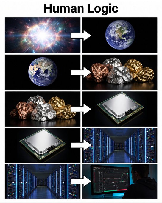 The "Human Logic" meme illustrates a satirical chain of progression: Big Bang → Earth → raw ore/metal → computer chip → server room → finally a person staring at trading charts on a monitor, humorously suggesting that all of human advancement and cosmic evolution culminates in obsessively watching financial markets, matching the post's joke about progress leading to endless chart-staring.