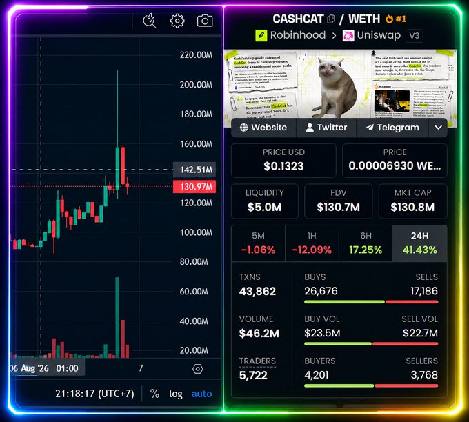A cryptocurrency dashboard displaying real-time trading data for 'CASHCAT/WETH #1' on the Uniswap V3 protocol via Robinhood, showing a price of $0.1323 and a 24H increase of 41.43%.