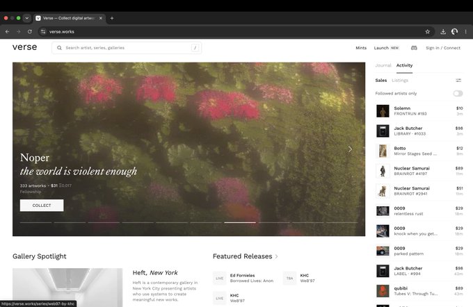 A screenshot of the Verse digital art marketplace (verse.works) featuring artwork by 'Noper' titled 'the world is violent enough' with 333 artworks and an 8.91 ETH valuation, showing recent sales activity from artists like Solemm, Jack Butcher, and Nuclear Samuraj.