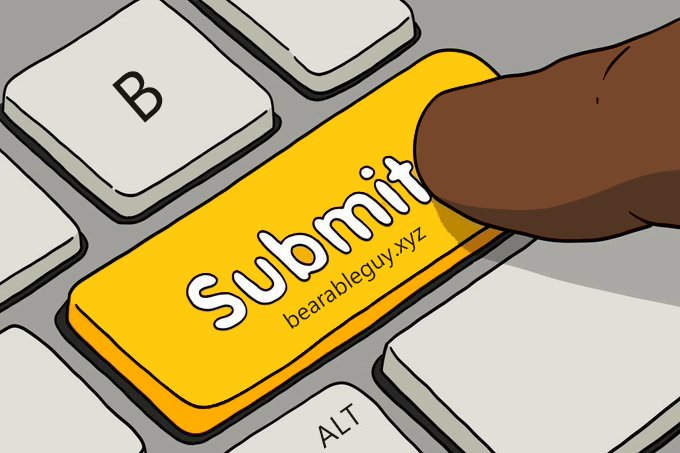 A digital illustration of a dark-skinned finger pressing a yellow keyboard key labeled 'Submit' with 'bearableguy.xyz' written beneath it, next to a 'B' key and an 'ALT' key.