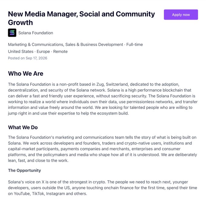 A LinkedIn job posting from the Solana Foundation for a 'New Media Manager, Social and Community Growth' position in Marketing & Communications, posted on Sep 17, 2026, describing Solana as a high-performance blockchain based in Zug, Switzerland.