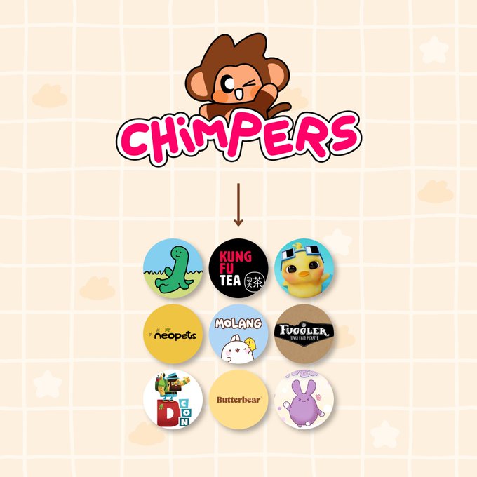 A promotional graphic for "Chimpers" displays a cartoon monkey mascot above a collection of partner NFT project logos including Kung Fu Tea, Neopets, Molang, and Butterbear.