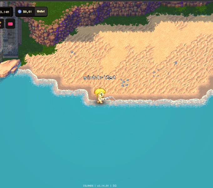 A screenshot from the video game 'Islands' shows a character with blonde hair standing on a sandy beach labeled 'minter' next to bright blue water, with the version 'v2.14.01 | SG' displayed at the bottom.