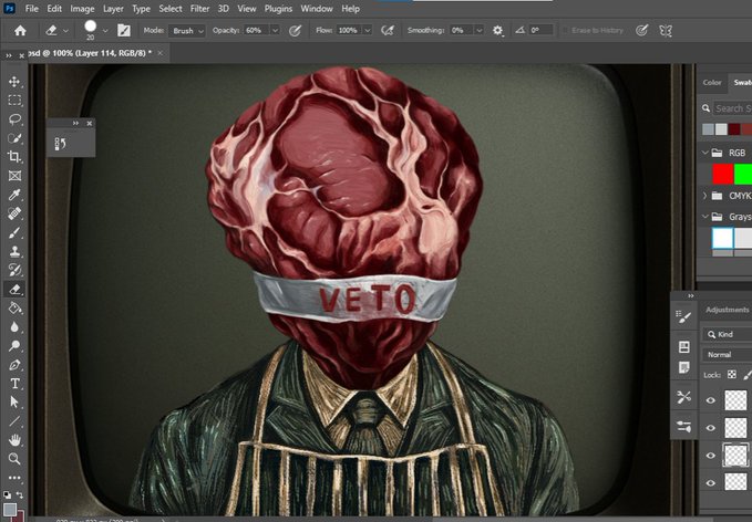 A screenshot of Photoshop displaying a surreal digital painting of a figure with a large brain for a head, wrapped in a blindfold with the word 'VETO'.