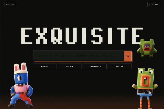 The image shows the "EXQUISITE" platform homepage featuring a pixelated character in blue overalls on the left and two green creature characters on the right, with navigation buttons for "ACQUIRE," "AGENTS," "LEADERBOARD," and "COMPAS," along with a search bar for browsing the "Bitcoin Art Ordinals Club." The webpage serves as the official portal for the Exquisite collection referenced in the post, which announces that 100% of Ordinals collection fees will now be used to buy back and burn Exquisite NFTs like #1492 and #0245 to make the collection deflationary.